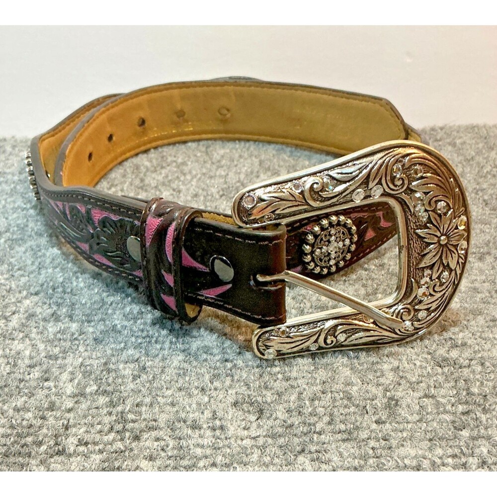 Western Ariat Girls Floral Brown & Pink Leather Belt Style A1301802 Size 30